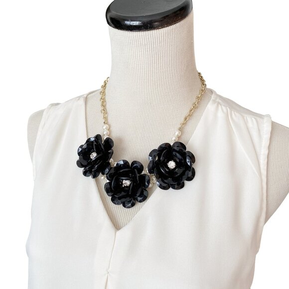 Black Lucite Rose Bib Statement Necklace with Rhinestones Adjustable Length - Picture 3 of 5